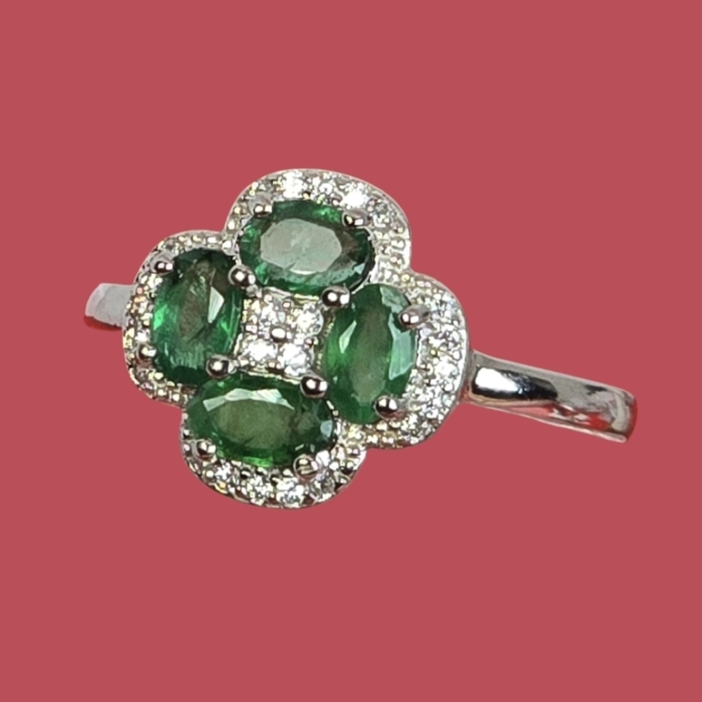 925 Sterling Silver Flower Ring with Natural  Emerald Gem & Cz